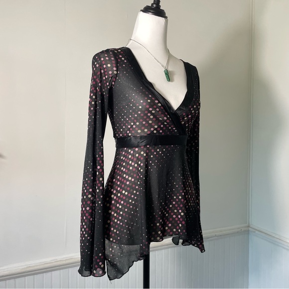 Hot Tempered Don’t Be Afraid Y2K B&W Pink Polka Dot Mesh Flare Long Slv Babydoll - Picture 3 of 8